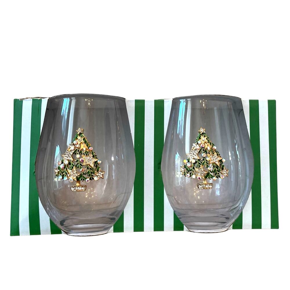 (2) Stemless Wine Glasses Jeweled Christmas Tree Green & Gold Holiday Glam NEW